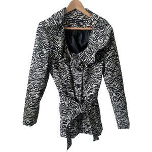 Sandro Studio Zebra Print Ruffle Collar Button Front Belted Trench Coat Large